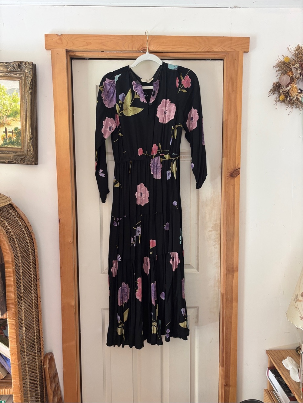Christy Dawn Black Long Sleeve Tiered Floral Midi Dress
